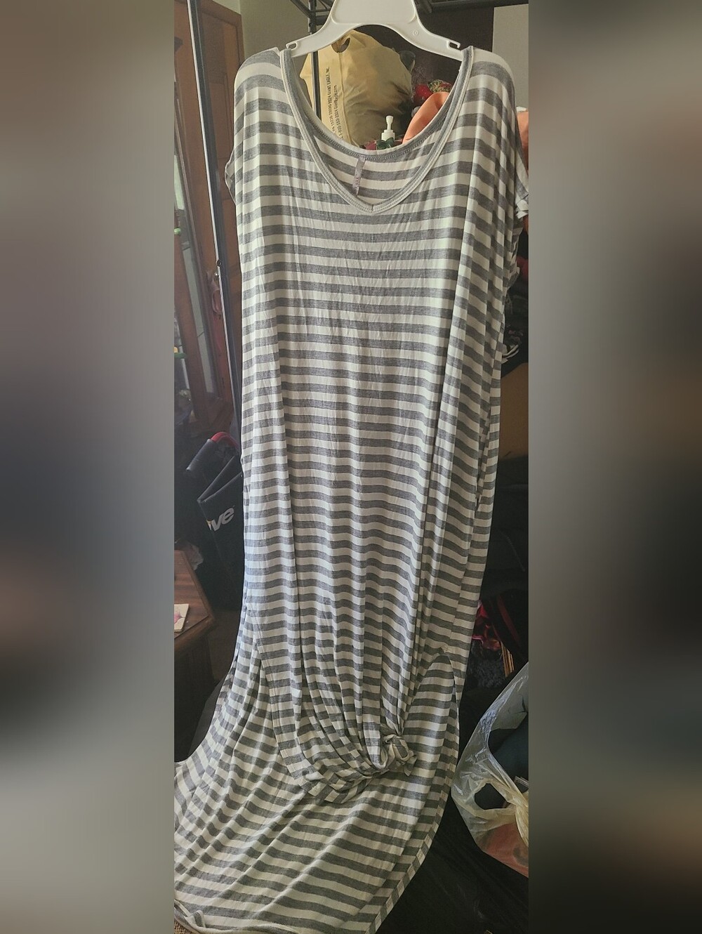 Gray & White Striped Women's Maxi Dress - Casual V-Neck, Side Slits.
